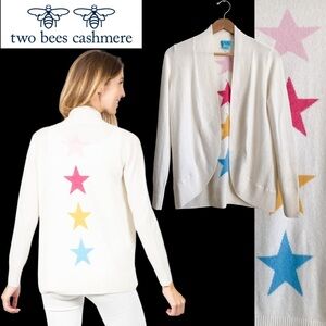 Two Bees Cashmere Stars Open Front Cardigan Sweater Ivory Off White Cozy Shawl S